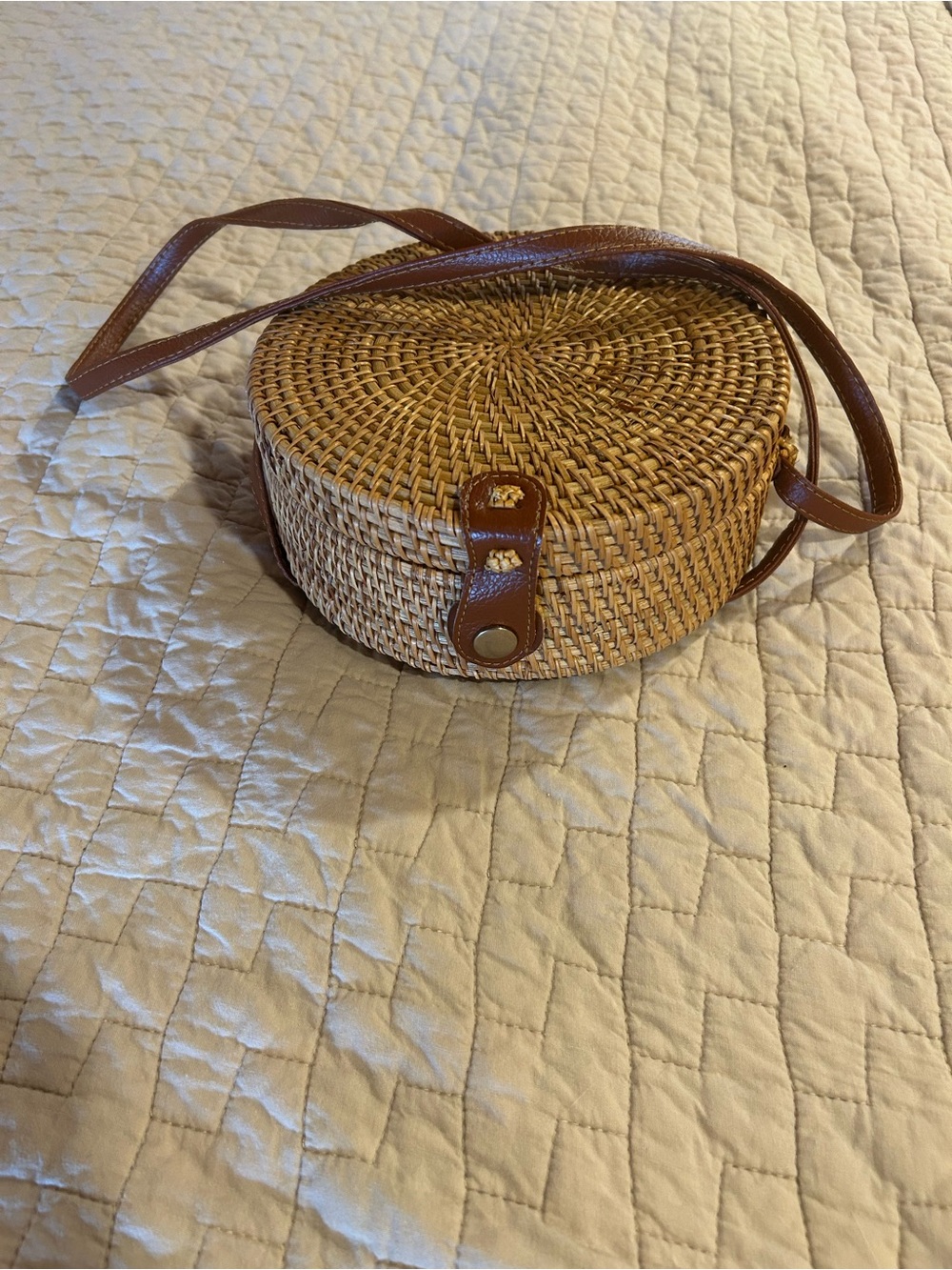 Woven Round Straw Crossbody Bag with Brown Leather Trim - Picture 2 of 2